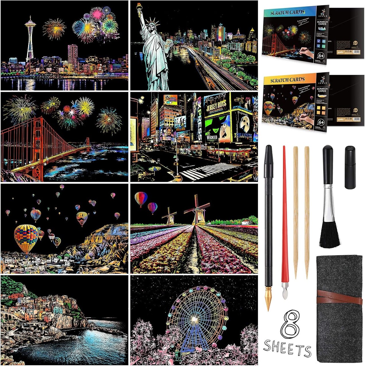Scratch Painting Kits for Adults & Kids, Rainbow Painting Night View Scratchboard